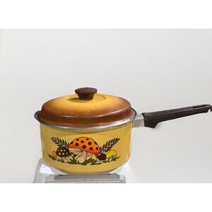 Sears Merry Mushroom Pot Enamelware 7.5” Sauce Pan W/Lid Vintage 1970s MCM